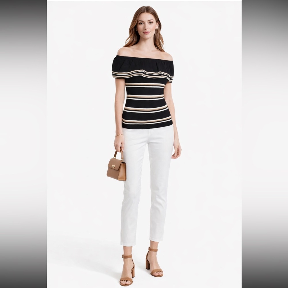 WHBM Off Shoulder Ruffle Striped Sweater Top Black tan white Sz S - Picture 9 of 14
